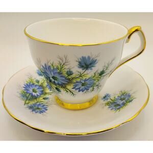 Royal Windsor England Bone China Teacup & Saucer Set Blue Green Floral Gold Rim